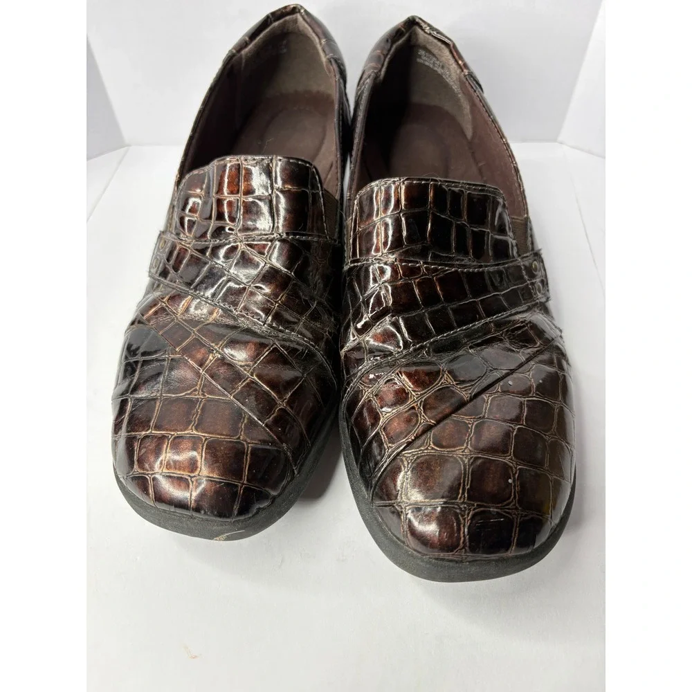 Clarks Brown Croc Embossed Slip On Loafers Wedge‎ Heel Womens 9M 26103541